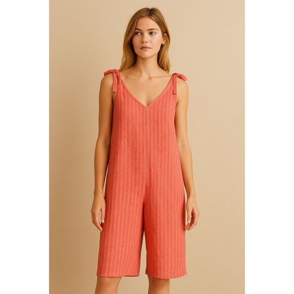 Made in Italy Linen Striped Romper Jumpsuit Coral Pink Tie Strap Boho Resort M/L - Picture 8 of 8
